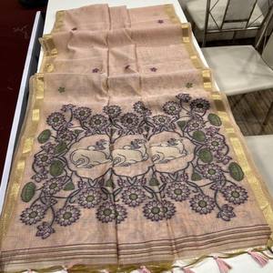 ผ้าส่าหรี VASTRA COTTAGE พรีเมียม ซอฟท์ มูก้า คอตตอน พร้อมลายปักเรชมะพิชไวสีสันสดใส ขอบผ้าปักระยิบระยับแบบซารี และพู่ห้อยประดับอย่างสวยงาม - Product Image 5