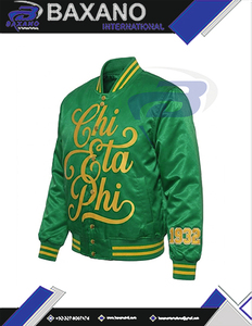 Chaqueta Bomber de Satén de Invierno de la Hermandad Chi Eta Phi con Letras Griegas Amarillas en Relieve, Chaqueta Bomber de Satén CEPhi Resistente al Viento - Product Image 6