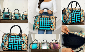 2026 New Custom Hand <b>Tooled</b> <b>Leather</b> Large Speedy Bag Turquoise & Black Diamond Checkered Design Handmade Shoulder Duffle Bags - Product Image 3