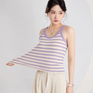 Débardeur court d'été décontracté et respirant à rayures pour femme avec soutien-gorge intégré et protection solaire - Product Image 2