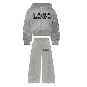 Survêtement grande taille délavé à l'acide avec strass, comprenant un sweat à capuche et un pantalon de jogging, en polyester et coton, respirant et coupe-vent - Product Image 3