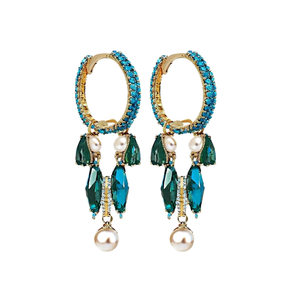 Green Brass Hoop Earrings with Turquoise Amethyst Pearl & Zircon - Product Image 3