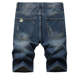 Pantalones Cortos de Mezclilla Azul Oscuro para Hombre, Corte Recto, Cintura Media, Casuales de Verano, Diseño Desgastado con Agujeros - Product Image 3