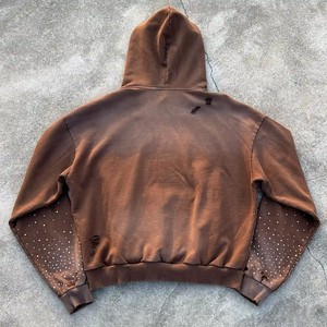 Sweat à capuche oversize délavé à l'acide avec logo personnalisé en strass, style streetwear, sans cordon de serrage, pour hommes et femmes - Product Image 2