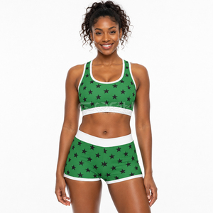Ensemble de yoga 2 pièces Cosh International Sisterhood Sorority Green Star Print pour femme, haut court dos nageur et short taille haute - Product Image 1