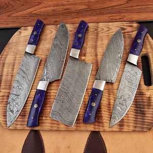 Handmade Damascus Chef <b>Knife</b> <b>Set</b>: Purple Resin Handle Forged Kitchen <b>Knives</b> - Product Image 1