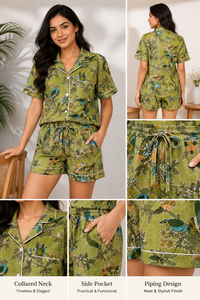 Conjunto de Pijama Floral con Estampado a Mano para Mujer, Camisa de Manga Corta y Pantalones Cortos de Algodón, Conjunto de Ropa de Dormir Informal Hecho a Mano - Product Image 2