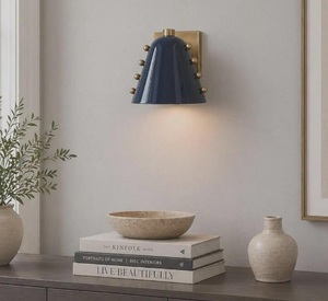 Mid Century Modern Wall Sconce Ceramic Blue Cone Shape Brass Accents Indoor Decor Bedroom Lighting Fixture - Product Image 3