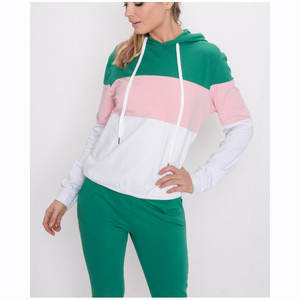 <b>Women</b> Color Blocking Hooded Sweatshirt Tracksuit Set Full Sleeve Green Pink <b>White</b> <b>Jogger</b> Pants Casual Outfit Spring Wear - Product Image 2