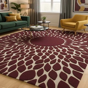 Tapis floral bordeaux, tapis de salon moderne à motifs géométriques tuftés, tapis d'appoint du milieu du siècle, décoration intérieure abstraite contemporaine - Product Image 1