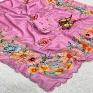 Sari en soie chinon douce à motifs floraux avec de magnifiques broderies et bordures ajourées, idéal pour les fêtes, infroissable, séchage rapide, décontracté - Product Image 1