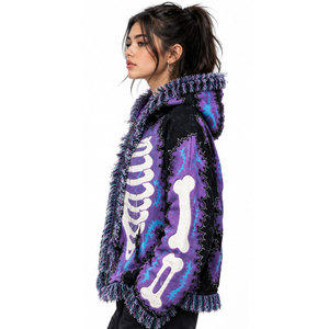 Purple <b>Gothic</b> Skeleton Print Hoodie Women's Winter Zip-Up Fleece <b>Jacket</b> With Fur Trim Full Sleeve Design Hoodie - Product Image 3