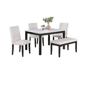Set da Pranzo Classico ed Elegante 5 Pezzi con Piano in Finto Marmo, Tavolo da Cucina, Panca e 3 Sedute in Ecopelle Bianca - Product Image 2