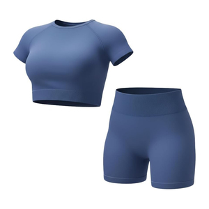 Ensemble de yoga 2 pièces violet, haut court à col rond, short taille haute, sans couture, couleur unie, spandex, polyester - Product Image 3