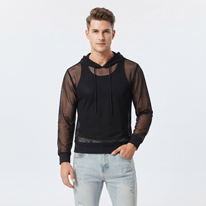 Men's Black Sheer Mesh Hoodie Crop Long Sleeve <b>Fishnet</b> Mesh Hoodies Men 100% Polyester Beachwear Mesh Hoodies Mens - Product Image 1
