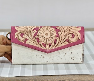 2026 Handmade Genuine Leather Long <b>Wallet</b> With Floral Embossing Fold Closure Women's Bohemian Style Pink & White Color Daily Use - Product Image 1