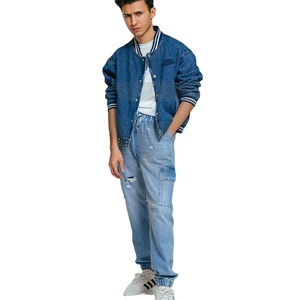 กางเกงคาร์โก้สีน้ำเงินวินเทจสำหรับผู้ชาย ผ้าฝ้ายผสมสแปนเด็กซ์ ทรงตรง ระบายอากาศได้ดี ทรงหลวม ดีไซน์แบบดิสเทรส แต่งผ้าแบบแพทช์เวิร์ค ขอบเอวยางยืด OEM 2025 - Product Image 1