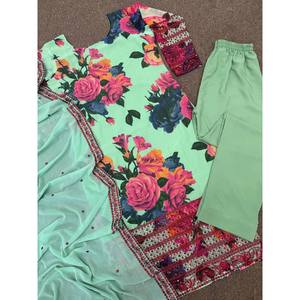 Hermoso conjunto de salwar kameez con estampado digital de alta calidad y dupatta, talla XL para fiesta, hecho de poliéster. - Product Image 1