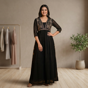 Vestido Anarkali Largo Bordado en Color Negro para Mujer, Corte Holgado, Elegante, Estilo Indio-Pakistaní, para Todas las Temporadas - Product Image 6