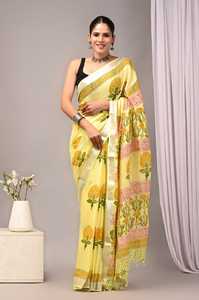 Sari en coton et lin de qualité supérieure imprimé à la main pour femmes – Vêtement ethnique indien traditionnel doux et respirant - Product Image 1