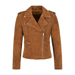 Women's Brown <b>Suede</b> Moto <b>Jacket</b> Turn-down Collar Full Sleeve Zipper Closure Autumn Style Sample Service Available - Product Image 5