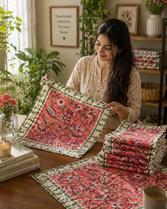 Juego de Manteles Individuales Rosados con Estampado Artesanal, Manteles Individuales Blancos de Algodón, Calidad de Exportación, Lavables, Decoración para Comedor, Juego de Obra Maestra Hecha a Mano - Product Image 2