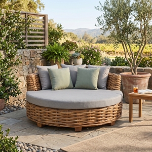 Sofá cama redondo de lujo de mimbre y ratán para exteriores, patio, jardín, tumbona con cojín gris y almohadas, conjuntos de muebles al por mayor - Product Image 4
