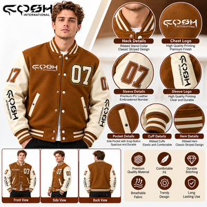 Veste varsity marron pour homme avec numéro 07, boutons pression et manches contrastées - Product Image 6