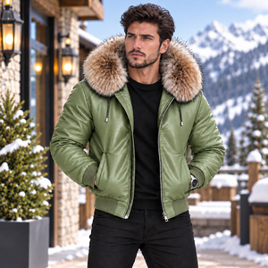 Chaqueta de invierno de cuero para hombre con capucha de piel de zorro, Giacca Uomo |   Chaqueta de Cuero Estilo Aviador para Hombre |   Chaqueta de cuero para hombre - Product Image 1