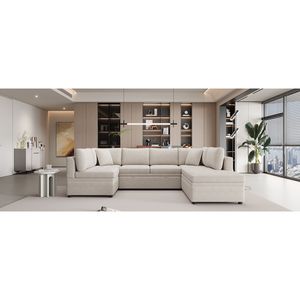 Divano Letto Sezionale a U Oversize Beige da 300 cm con Due Cuscini Decorativi e Sezione Estraibile per Soggiorno - Product Image 1