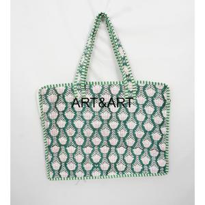 Mochila para Portátil Hecha a Mano 100% Algodón, Verde, con Estampado a Bloque, Asa Acolchada, Cierre de Hebilla, Gran Capacidad, Bolso Textil Informal para Oficina - Product Image 2