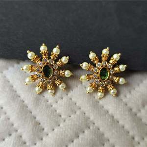Vintage Huggie Earrings for Girls-18K Gold Plated Brass with Zircon Pearl & Diamond Accents - Product Image 3