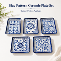 Ensemble d'assiettes à dessert en céramique à motifs bleus assortis, carrées et rectangulaires, plats de service, logo personnalisé, fournisseur d'assiettes à dessert OEM