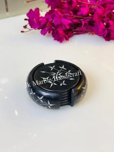 Handcrafted Marble Soapstone <b>Coaster</b> Set of 6 with Religious Style Holder and Circular Pattern - Product Image 2