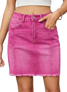 Mini-jupe en jean rose taille haute, couleur unie, effet usé, style moulant décontracté pour femme, idéale pour l'été - Product Image 2