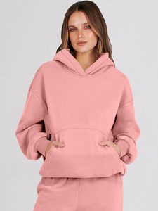 Women <b>Pink</b> Hooded <b>Tracksuit</b> Full Length Loose Fit Solid Color Casual Sweatshirt And Pants Set With Drawstring Closure - Product Image 5