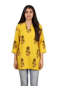 Kurti Corto de Verano Moderno de Algodón Estampado Amarillo, Corte Regular, Largo Regular, Ropa Casual India para Mujer, Protección Solar, Secado Rápido - Product Image 2