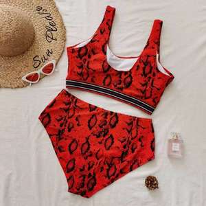 <b>Red</b> Leopard Print Two Piece Bikini Set Scoop Neck High Waist Plus Size Spandex Polyester <b>Crop</b> <b>Top</b> With Contrast Binding - Product Image 5