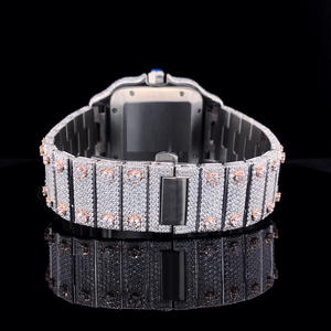 Montre automatique mécanique pour homme, chiffres romains, bicolore or rose, carrée, entièrement sertie de pierres, de luxe, style Hip Hop, bijou - Product Image 3