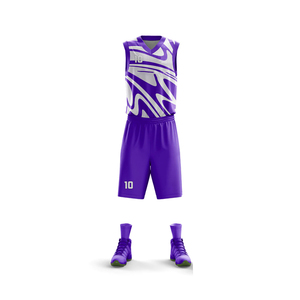 Conjunto de Uniforme de Baloncesto Sublimado Personalizado, Estampado Geométrico Morado y Blanco, Cuello en V, Sin Mangas, Absorbe la Humedad, Unisex para Adultos - Product Image 1
