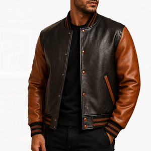 New Fraternity Style Men's Genuine Leather Jacket Custom Made <b>Varsity</b> Design Turn-down Collar Greek Letter Logo OEM Wholesale - Product Image 3