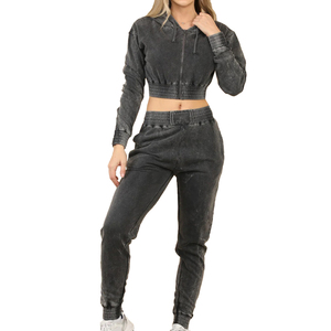 Women Acid Wash Cropped Zip Up Hoodie Jogger <b>Set</b> Vintage <b>Two</b> <b>Piece</b> Tracksuit Streetwear <b>Lounge</b> Outfit - Product Image 3