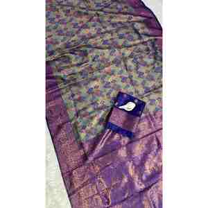 DISEÑADOR KANJIVARAM SEDA COBRE Y ORO ZARI TEJIDO TRABAJO SAREE CON PISTA DESCOSTADA - Product Image 4