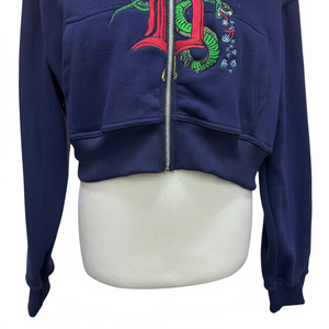 Sudadera con capucha corta azul oscuro con cremallera, logotipo bordado en la parte delantera, unisex, informal, de otoño, tejida, 100% algodón, para mujer - Product Image 3