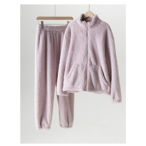 Conjunto de Pijama de Forro Polar para Mujer, Manga Larga, Color Sólido, Cierre Frontal con Cremallera, Ropa de Dormir Cálida para Invierno, Tejido Suave, 100% Poliéster - Product Image 1