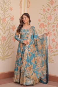 Ensemble Anarkali prêt-à-porter en Faux Georgette, séchage rapide, broderie à sequins, imprimé floral bleu, longueur ras du sol, traditionnel pour femme - Product Image 5