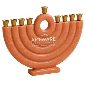 Menorah de resina naranja coral de gran venta con portavelas dorados, candelabro judío moderno hecho a mano, decoración de Hanukkah - Product Image 1