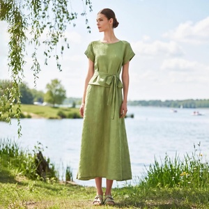 100% Cotton Vintage Midi <b>Dress</b> for Women V-neck Short Sleeve High Waist <b>Loose</b> A-Line Breathable Summer with Pockets - Product Image 1