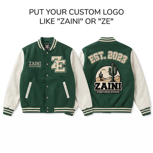 Chaqueta Varsity ZAINI ZE-217 Premium para Hombre/Unisex, Mezcla de Lana 420 GSM, Otoño, Verde con Paneles de Manga en Contraste Blanco Hueso, Bordada - Product Image 1