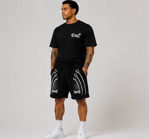 Shorts Bermuda pour homme noirs imprimés avec logo blanc et bandes latérales, décontractés, taille élastique, taille mi-haute, en coton respirant brodé - Product Image 6